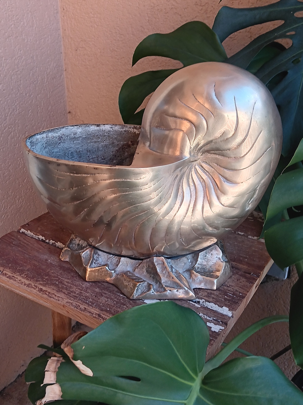 XL Vintage Brass Nautilus Shell Planter Coastal Hollywood Regency Decor